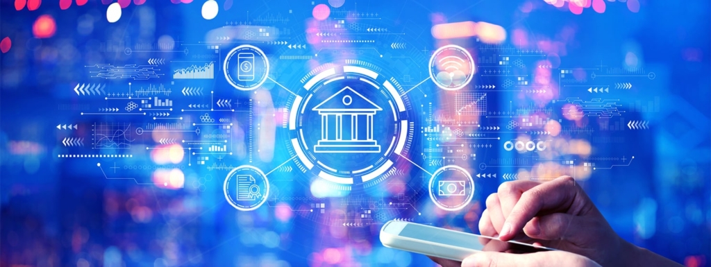 Online banking concept with a hand holding a smartphone