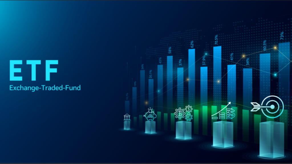 ETF Exchange Traded Fund. Trading investment stock market. Icons finance, saving, bank. Planning business strategy index fund growth. Analysis up trend of chart. Banner vector illustration.